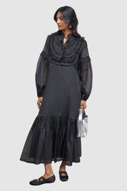Warehouse Crinkle Stripe Frill Midi Dress