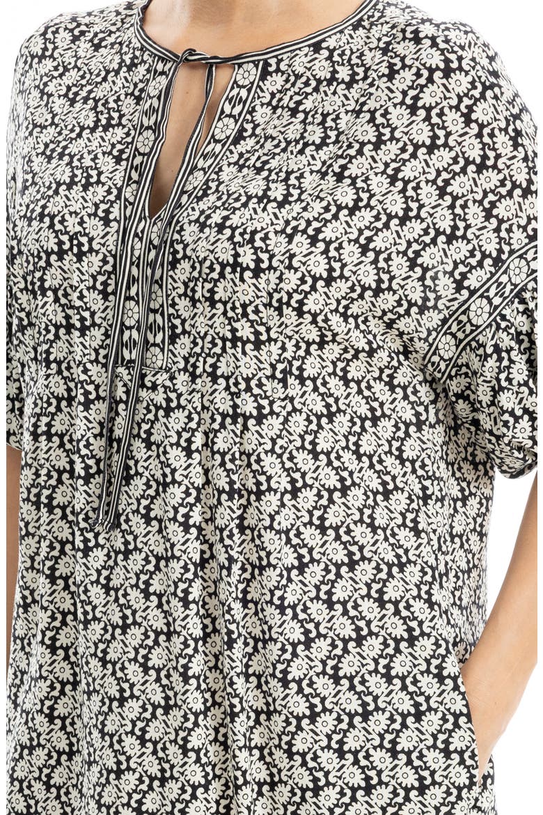 Floral Puff Sleeve Shift Dress, Alternate, color, BLACK/ CREAM BLOCK LEAF