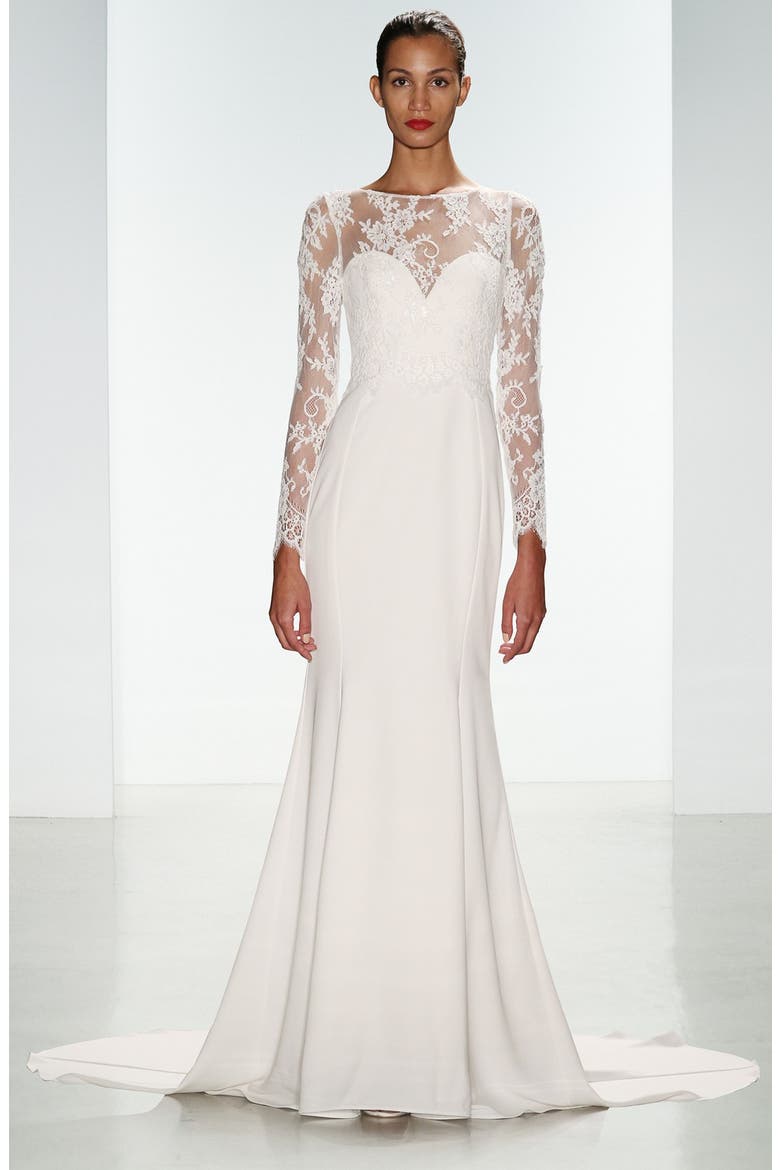 Noelle Long Sleeve Lace & Crepe Gown, Alternate, color, IVORY