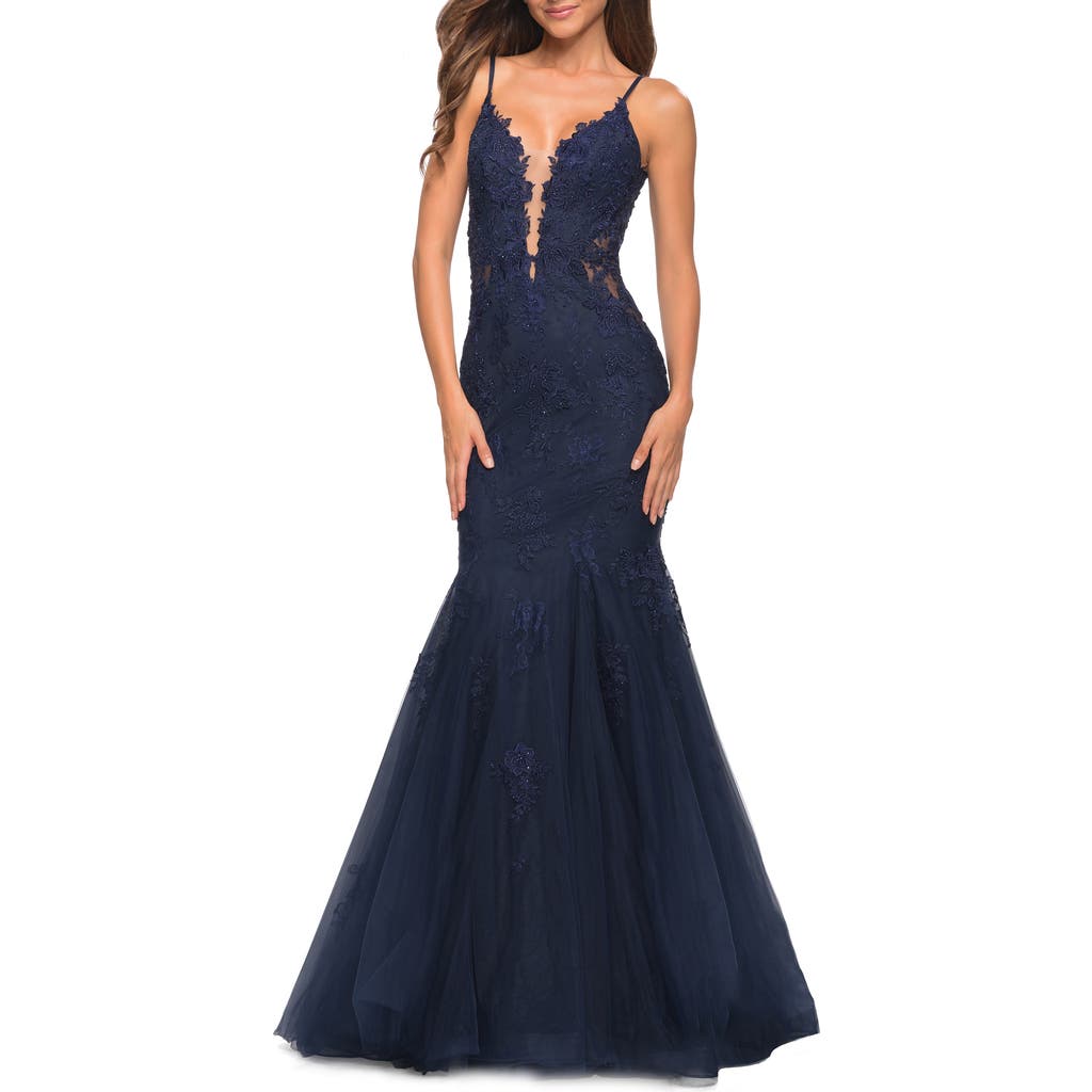 La Femme Tulle And Lace Mermaid Gown In Navy