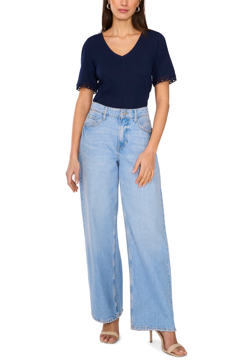 Two by Vince Camuto Lace Trim V-Neck Cotton T-Shirt, Alternate, color, Classic Navy