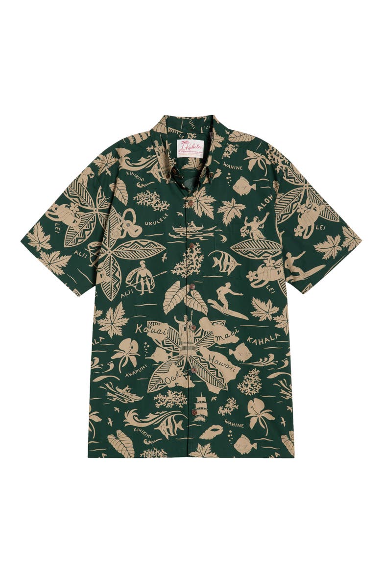 E Kipa Mai Print Cotton Short Sleeve Button-Down Shirt, Alternate, color, PINE