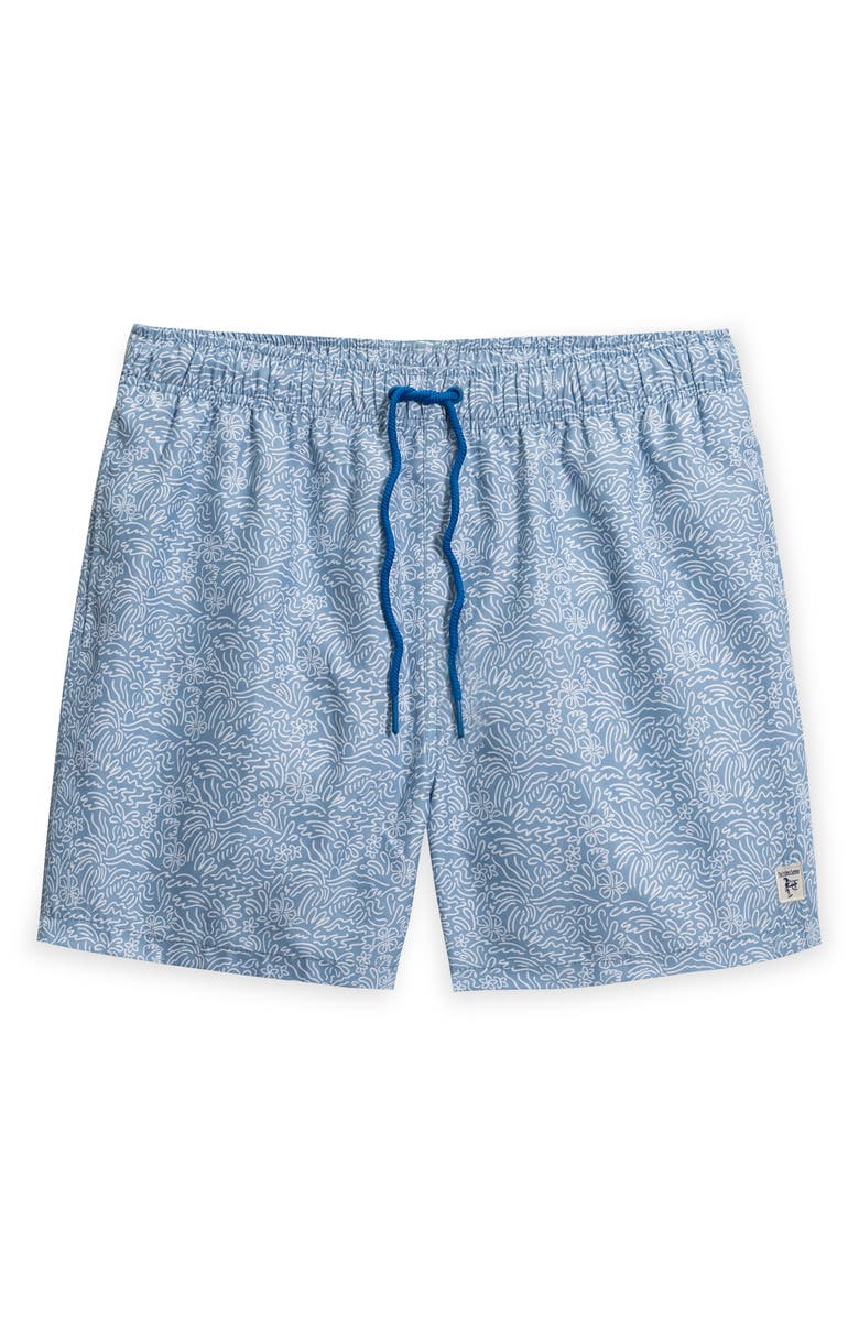 THE ENDLESS SUMMER Kids' Palm Print Swim Trunks, Main, color, Denim