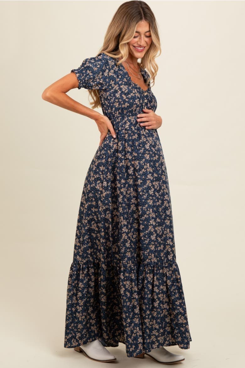 Floral Button Accent Maxi Dress, Alternate, color, Navy Blue