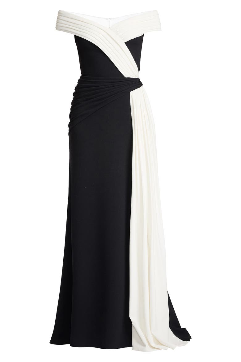 Off the Shoulder Draped Crepe Gown, Alternate, color, BLACK/ IVORY