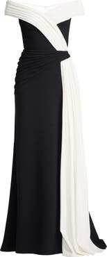 Tadashi Shoji Off the Shoulder Draped Crepe Gown