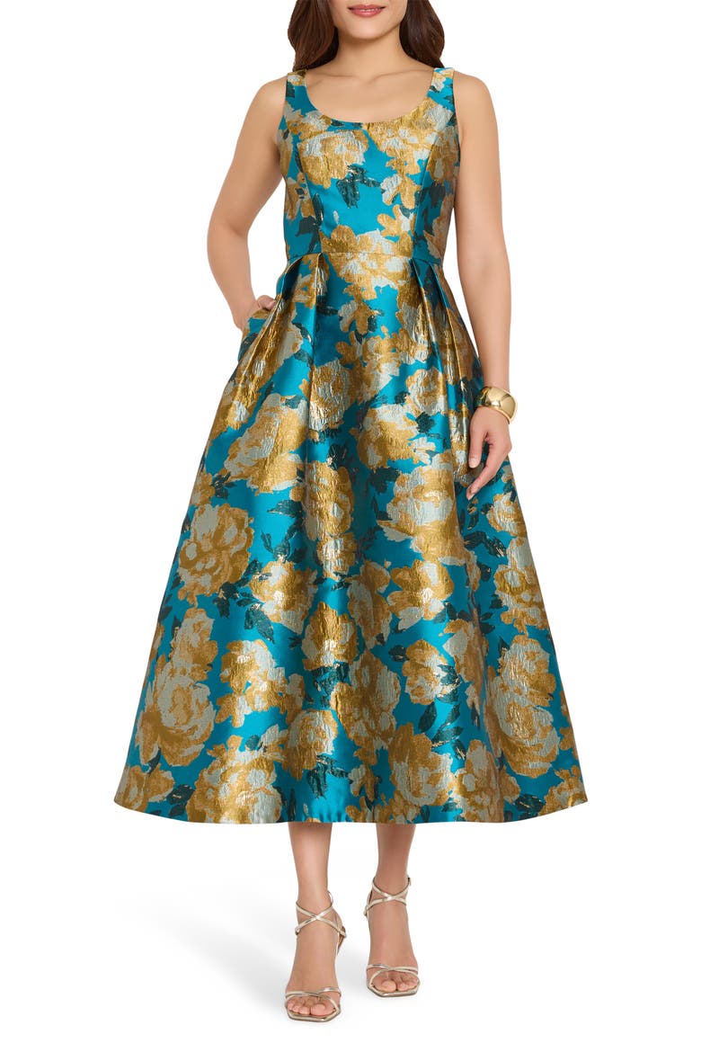 Brocade Sleeveless Cocktail Dress, Main, color, BLUE SUNFLOWER