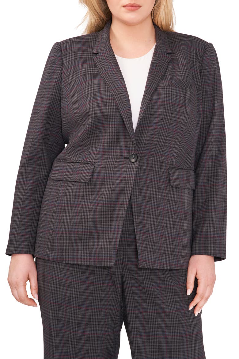 Plaid One-Button Blazer, Main, color, RICH BLACK
