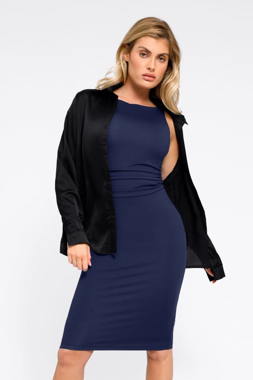 Shop Popilush Shapewear Sleeveless Ruched Tummy Control Midi Work Dress In Navy Blue