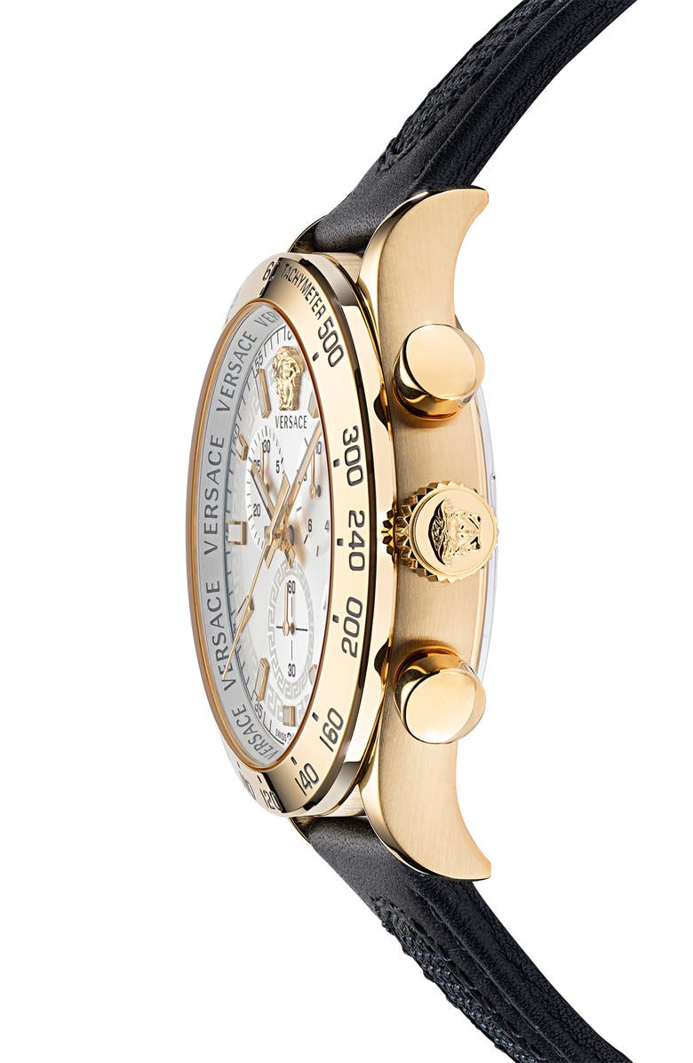 Versace Hellenyium Chronograph Leather Strap Watch, 44mm, Alternate, color, Gold