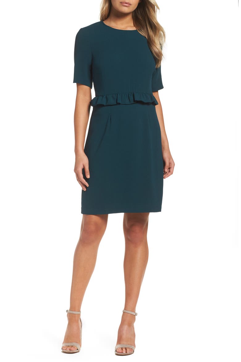 Ruffle Crepe Sheath Dress, Main, color, PINE