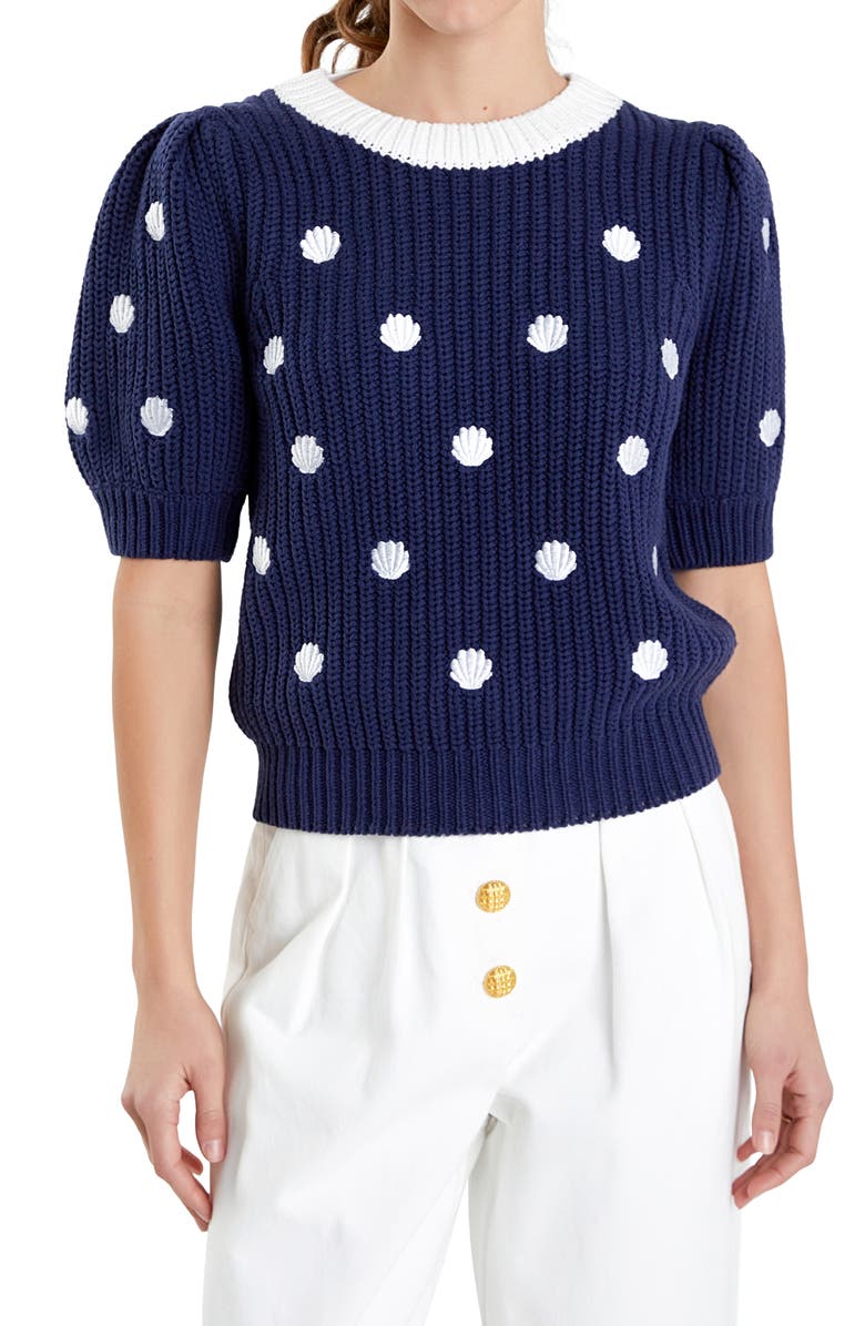 English Factory Shell Embroidered Puff Sleeve Sweater, Alternate, color, Navy/ White