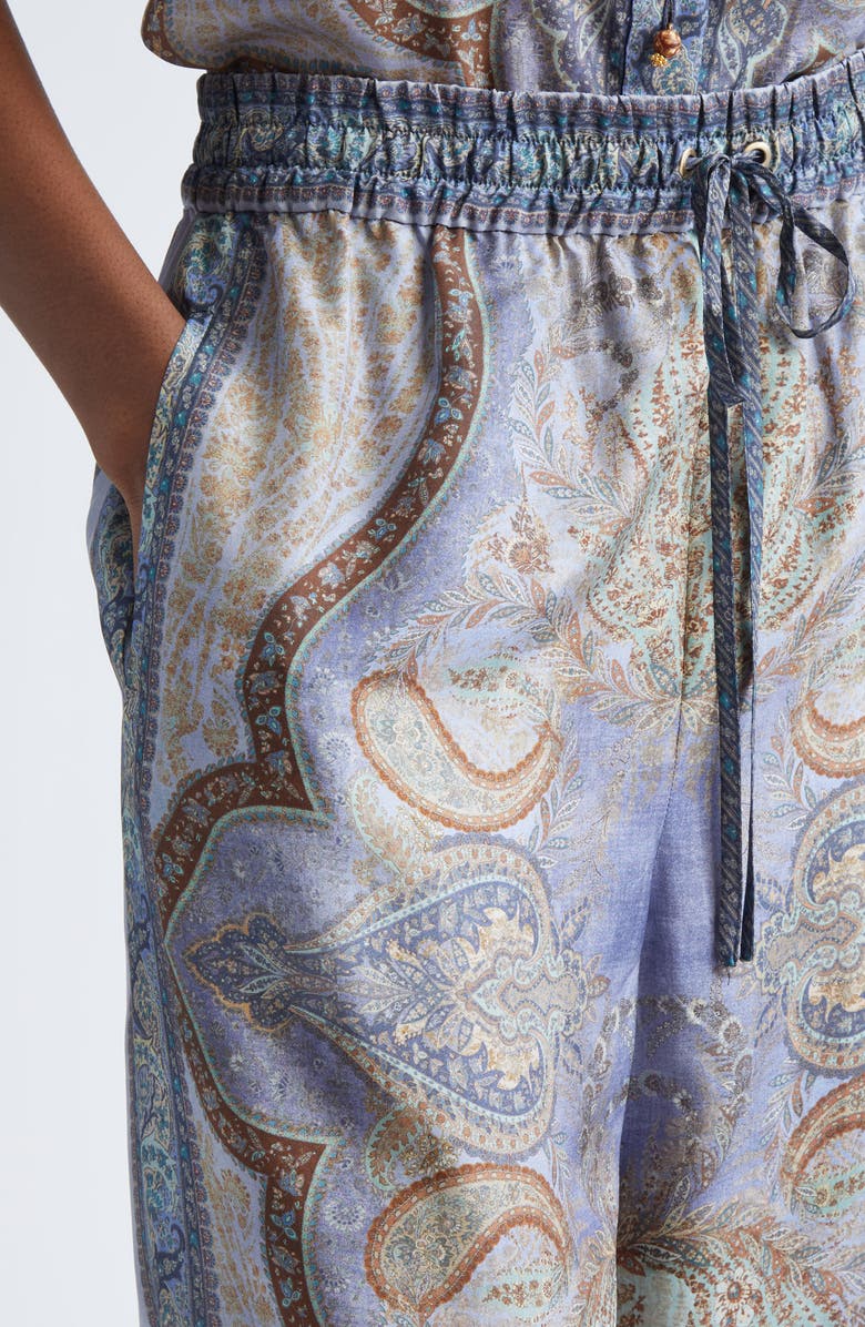 Zimmermann Wanderlust Paisley Relaxed Wide Leg Habutai Silk Drawstring Pants, Alternate, color, Tapestry Blue Multi