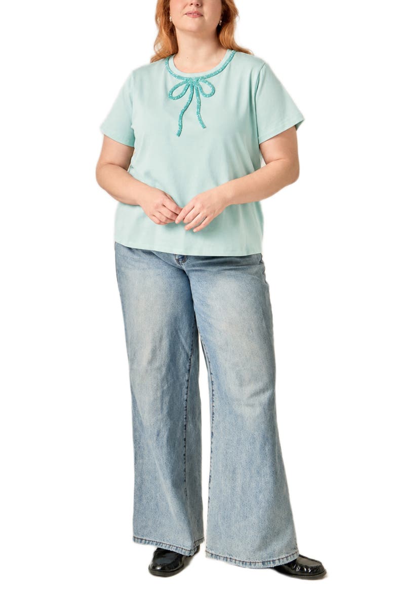 Beaded Bow Cotton T-Shirt, Alternate, color, MINT