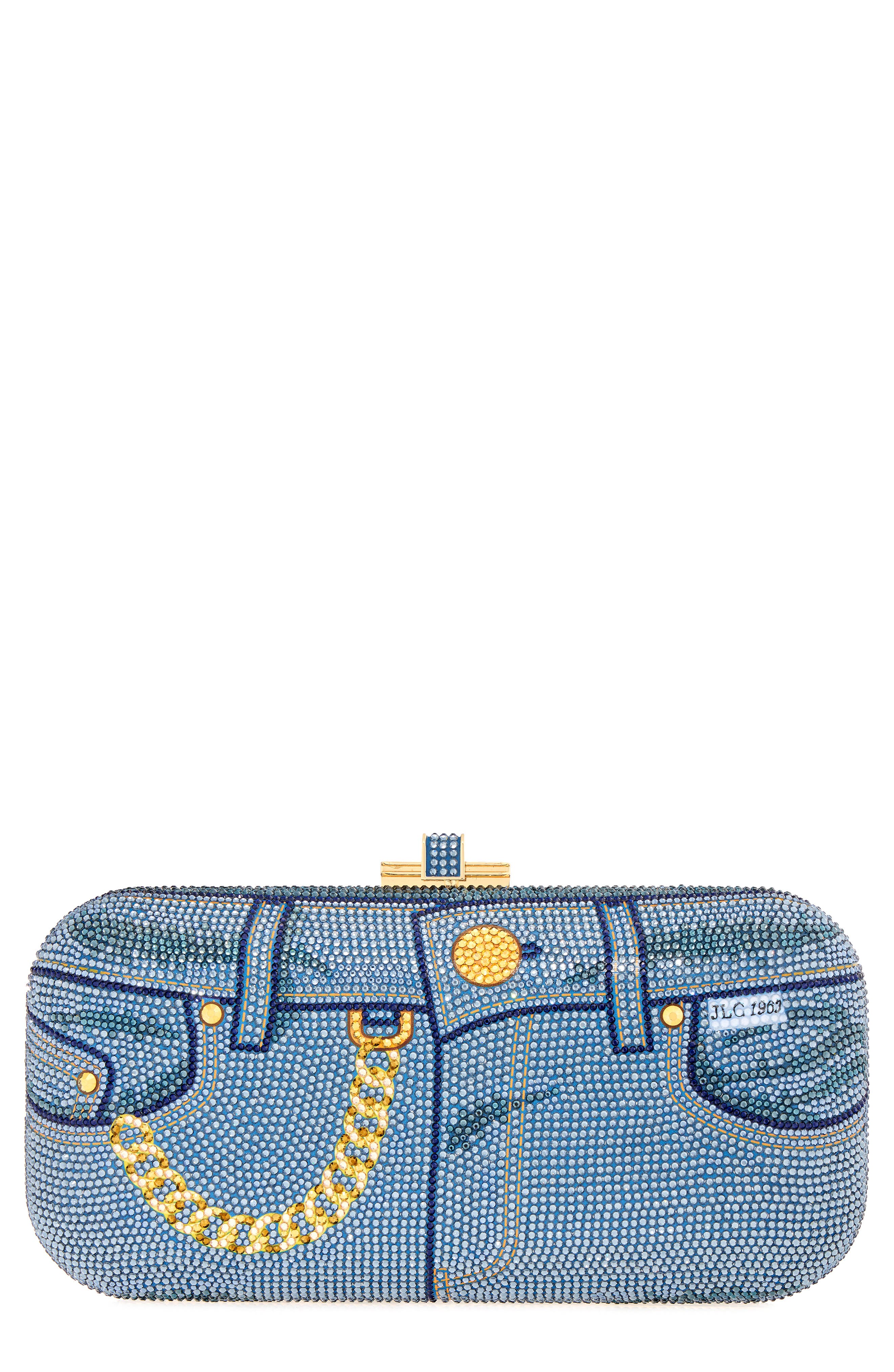 JUDITH LEIBER COUTURE Slide Jeans Crystal Embellished Clutch, Main, color, 