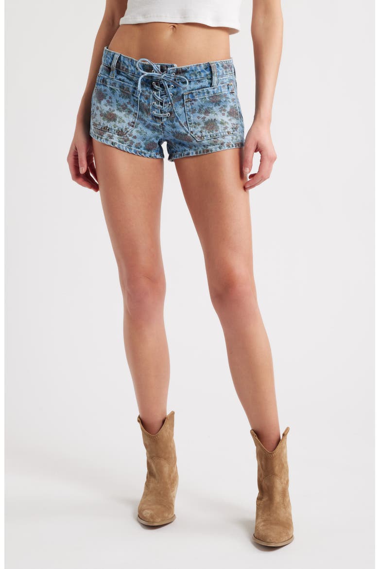 Nara Floral Lace-Up Low Rise Denim Shorts, Main, color, INDIGO
