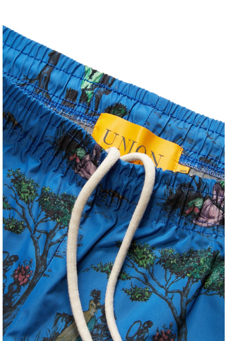 Sheila Bridges Harlem Toile Swim Trunks, Alternate, color, BLUE