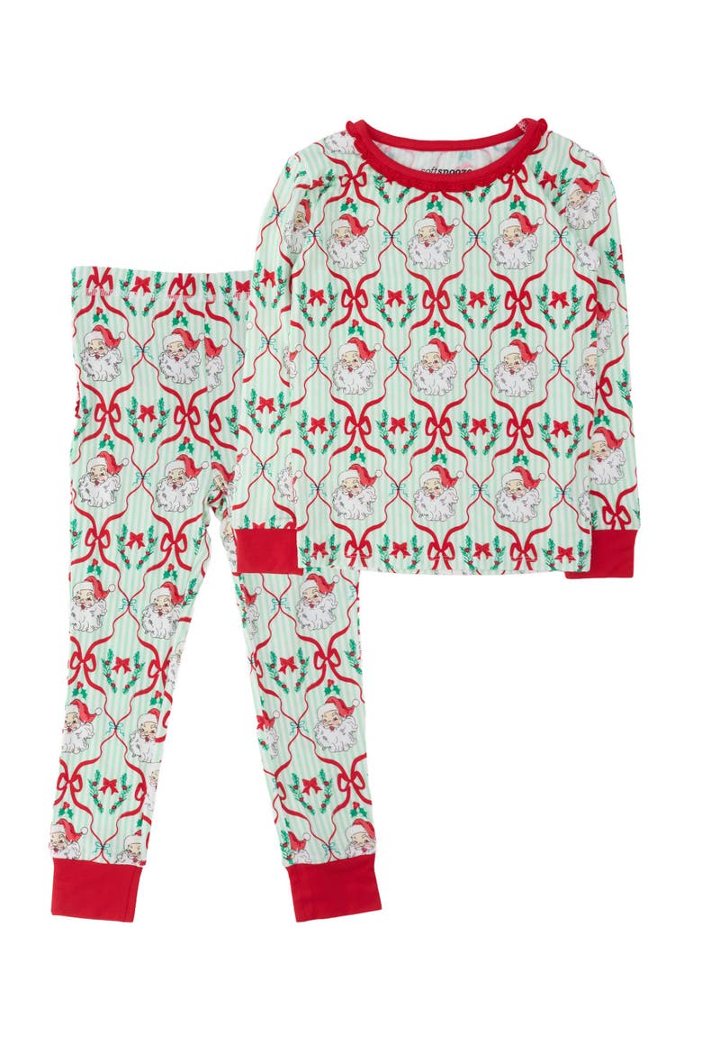 Ruffle Long Sleeve Pajama Set, Signature Rear Ruffles, Main, color, Green Stripe Dear Santa