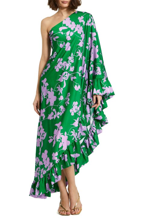 Printed Charmeuse One Shoulder Draped Gown