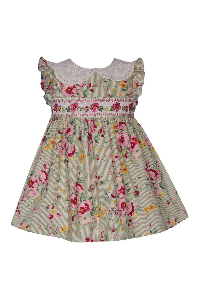 Peter Pan Collar Floral Smocked Cotton Party Dress, Main, color, GREEN