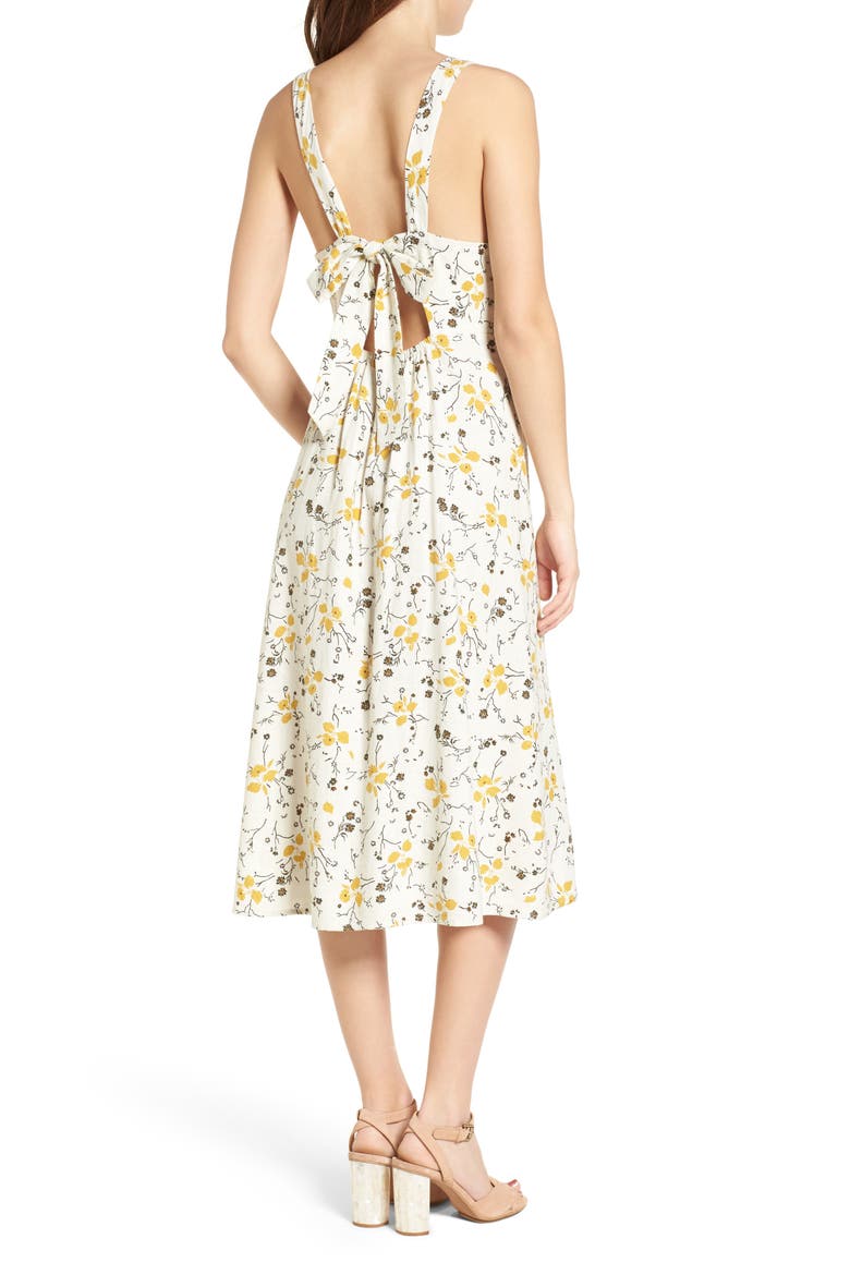Floral Print Tie Back Midi Dress, Alternate, color, IVORY EGRET REDUX FLORAL
