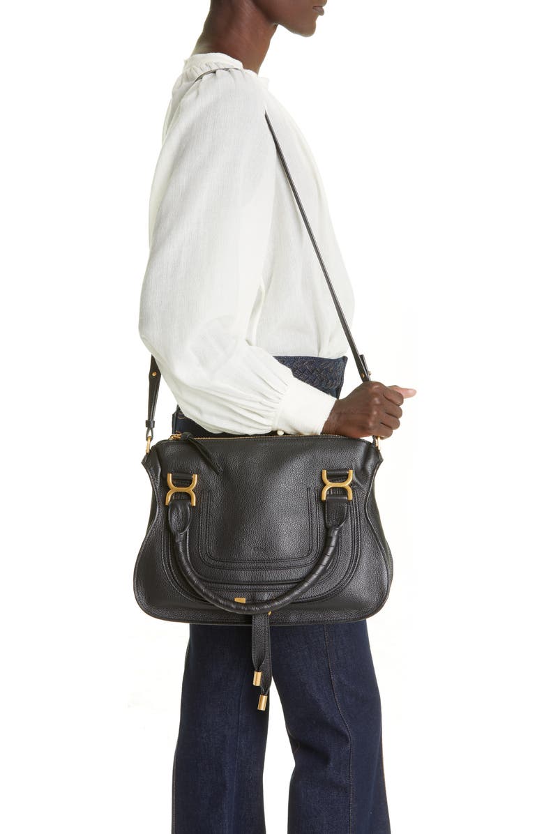 Chloé Medium Marcie Leather Satchel, Alternate, color, Black