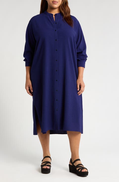 Band Collar Longline Button-Up Dress (Plus)