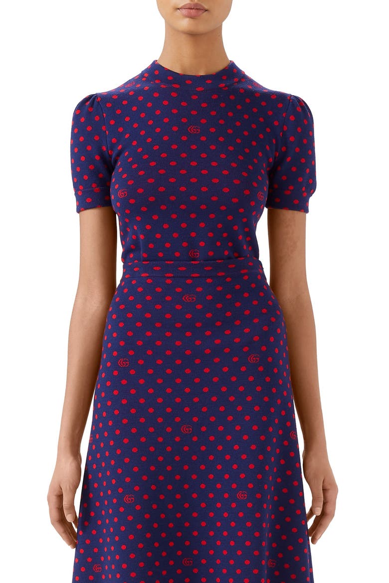 Polka Dot & Double G Logo Puff Sleeve Wool Blend Sweater, Main, color, BLUE/ ORANGE