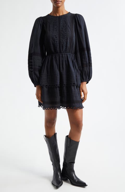 Pintuck & Lace Detail Long Sleeve Cotton Minidress