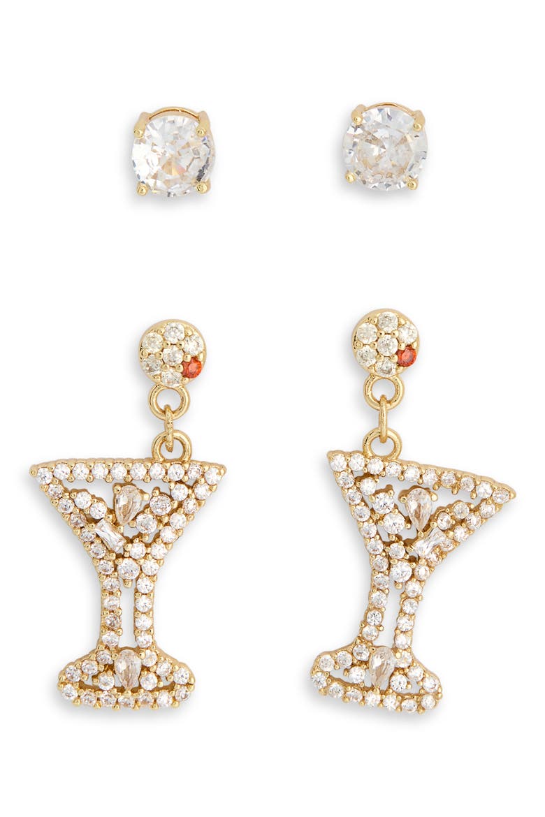 Seabreeze & Daydreams Set of 2 Cubic Zirconia Martini Drop Earrings, Alternate, color, CLEAR- GOLD