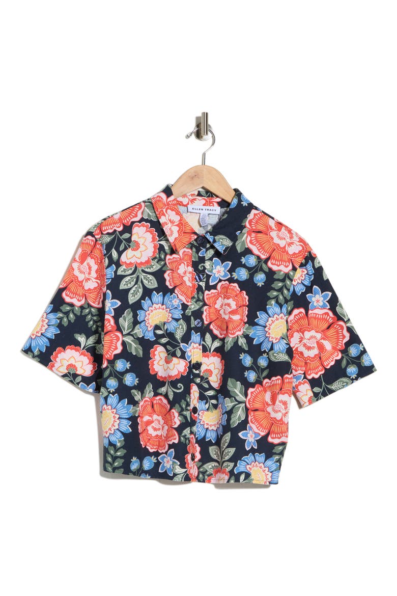 Floral Short Sleeve Crop Button-Up Shirt, Alternate, color, NAVY SUMMER BLOOM