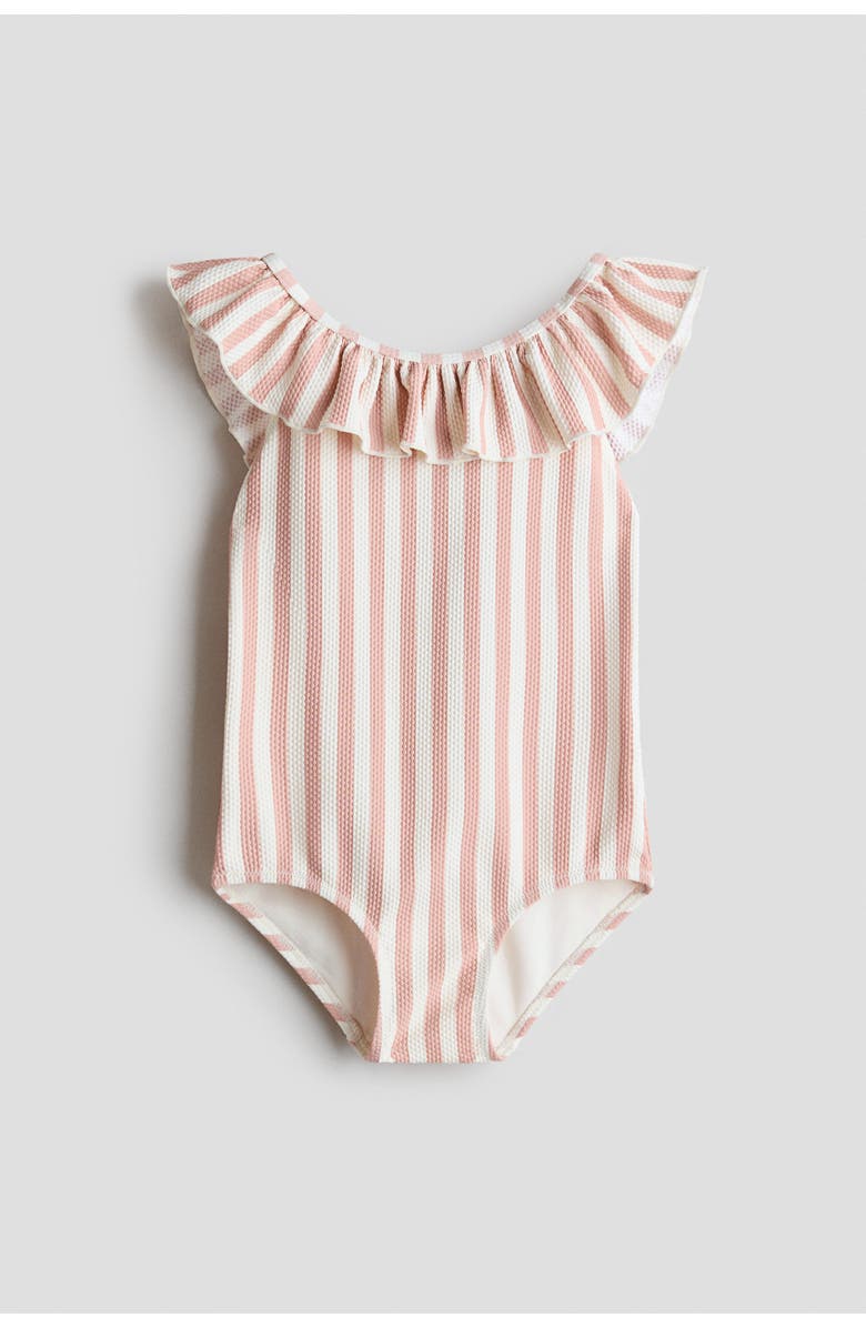 H&M Frill-trimmed Swimsuit, Main, color, Light Dusty Pink/Striped