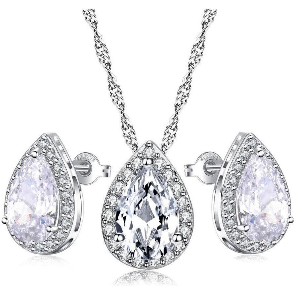 Hollywood Sensation Teardrop Crystal Necklace And Teardrop Crystal Earring Set In Silver