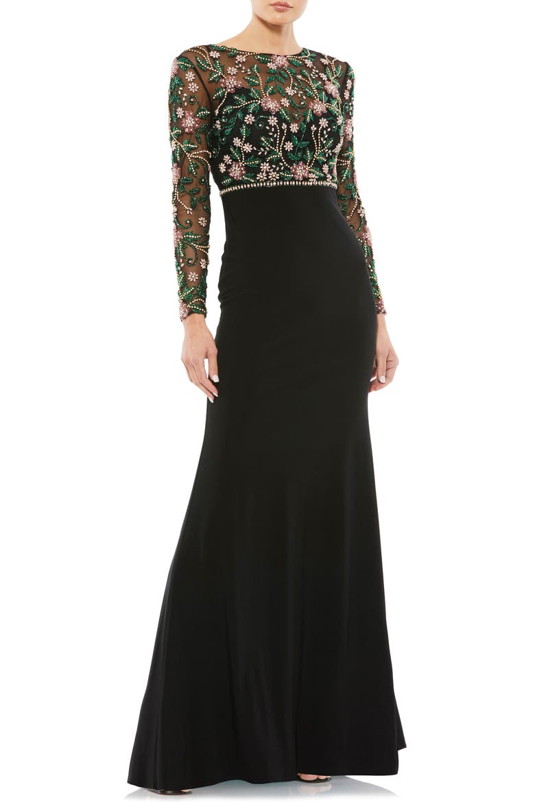 Beaded Illusion High Neck Trumpet Gown, Main, color, BLACK MULTI