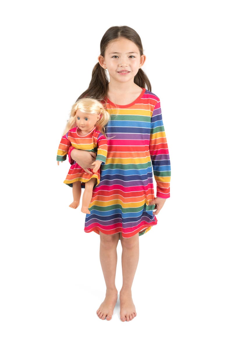 Leveret Girls Long Sleeve Nightgown with Matching Doll Nightgown, Printed Design, Alternate, color, Striped Colorful
