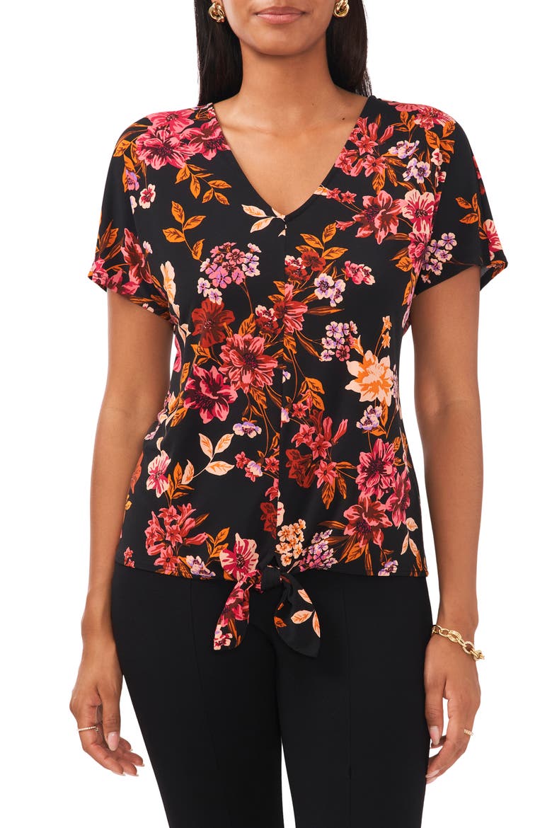 Floral Flutter Sleeve Blouse, Main, color, BLACK/PINK/GOLD