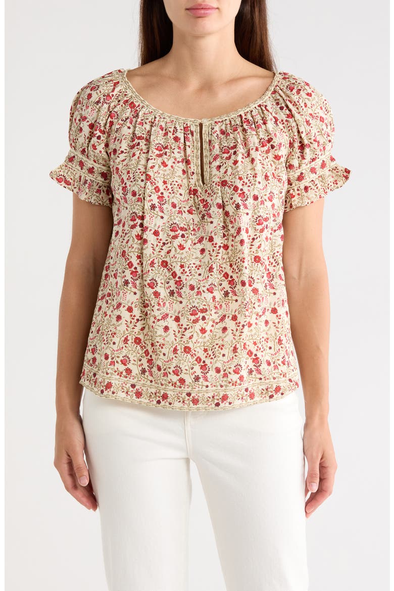 Split Neck Ruffle Sleeve Top, Main, color, CREAM/ RED WHIMSICAL PETALS