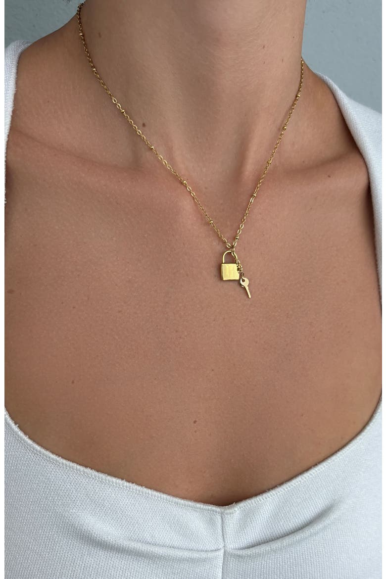 18k Gold Plated Lock & Key Pendant Necklace, Alternate, color, GOLD