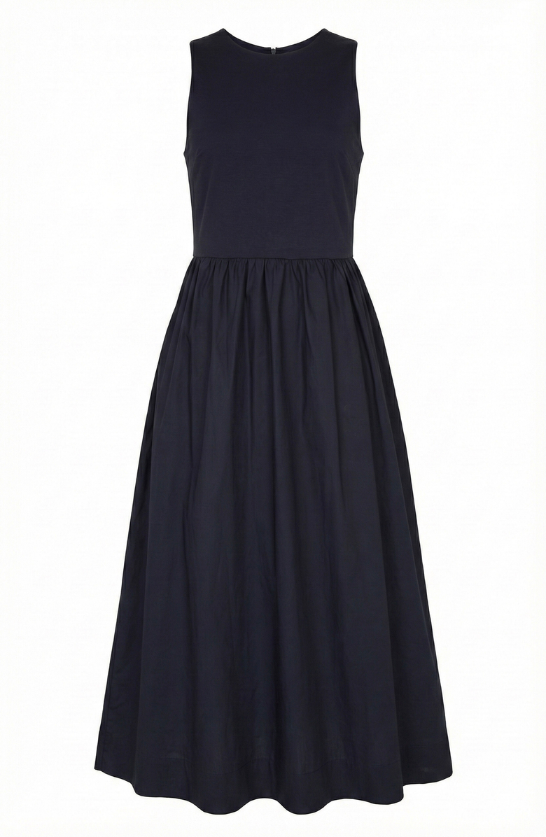 Modenaire Sleeveless Crewneck Midi Dress with Gathered Waist and Pockets, Alternate, color, Navy Blue