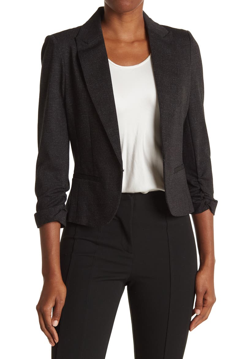 AMANDA AND CHELSEA Ruched 3/4 Sleeve Crop Ponte Knit Blazer, Main, color, BLACK