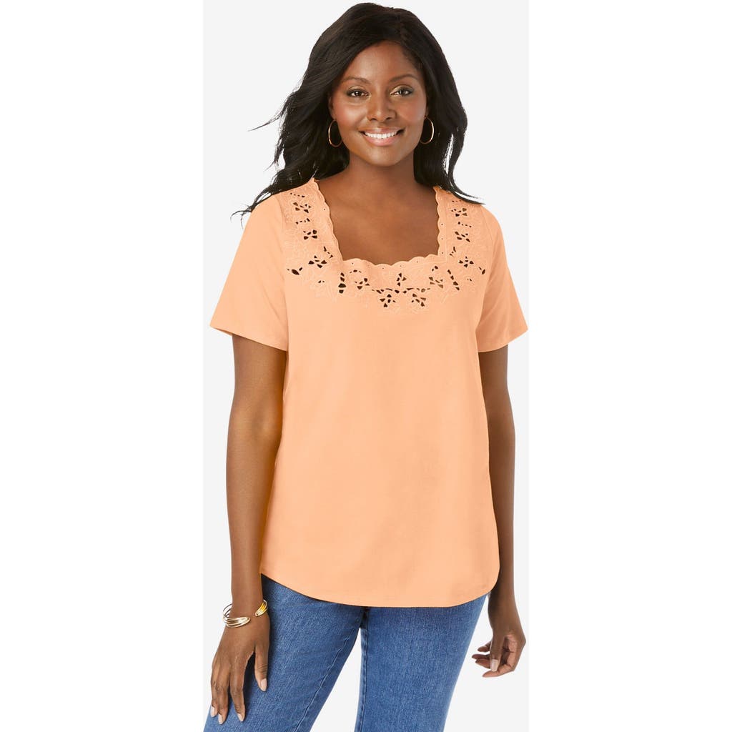 Jessica London Stretch Cotton Eyelet Cutout Tee In Orange