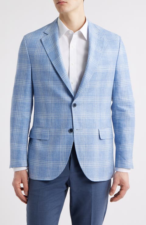 Hyperlight Soft Light Blue Check Linen & Wool Sport Coat (Regular & Big)