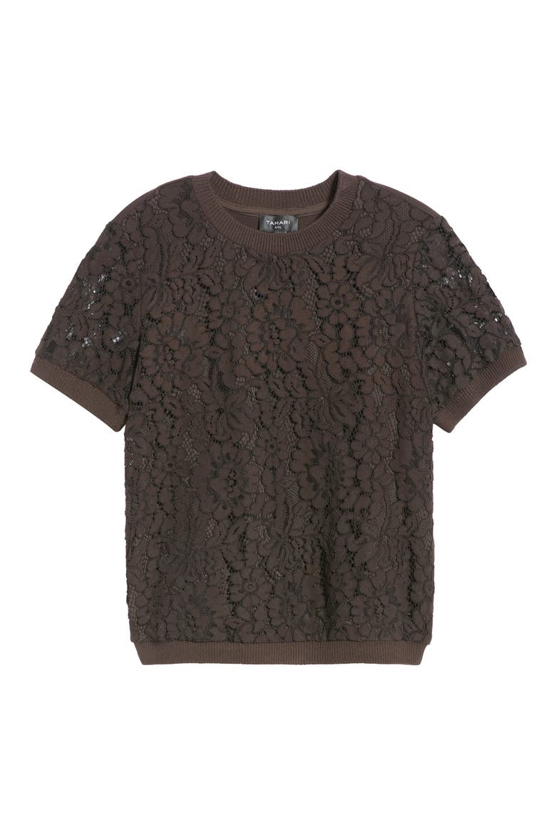 Lace Front Short Sleeve Sweater, Alternate, color, ESPRESSO