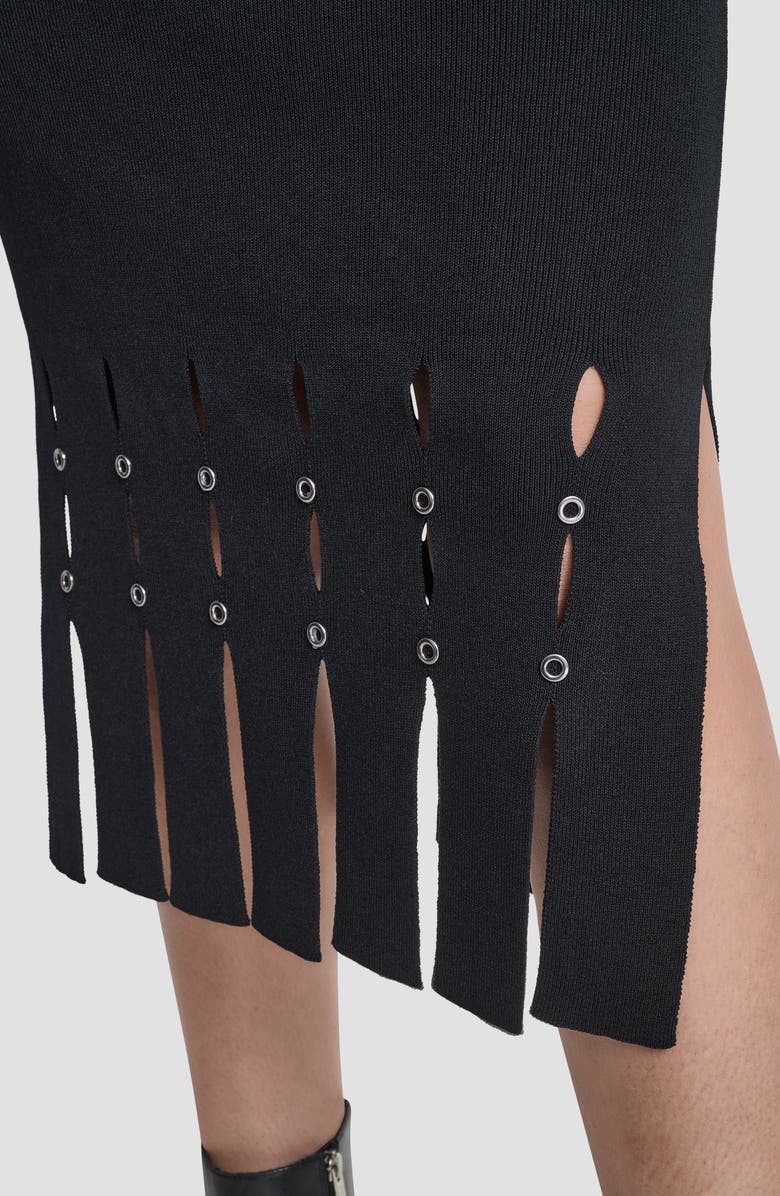 DKNY Grommet Trim Fringe Hem Sweater Midi Skirt, Alternate, color, Black
