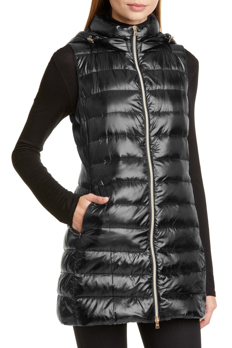 Long Fitted Down Puffer Vest with Removable Hood, Alternate, color, BLACK