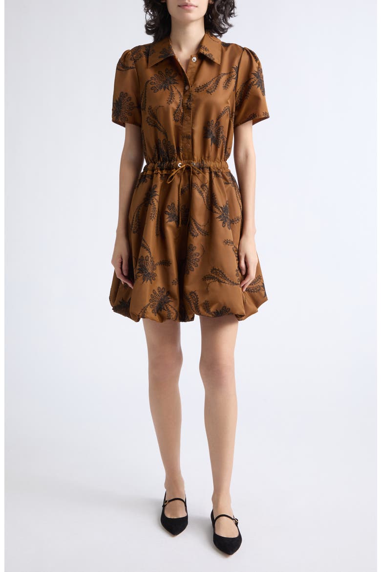Ophelie Paisley Embroidered Bubble Hem Minidress, Main, color, TOFFEE/ BLACK