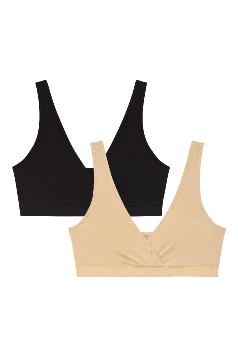 Motherhood Women's Maternity Cotton Wrap Front Nursing Sleep Bralette, 2-Pack, Alternate, color, Black and Oat