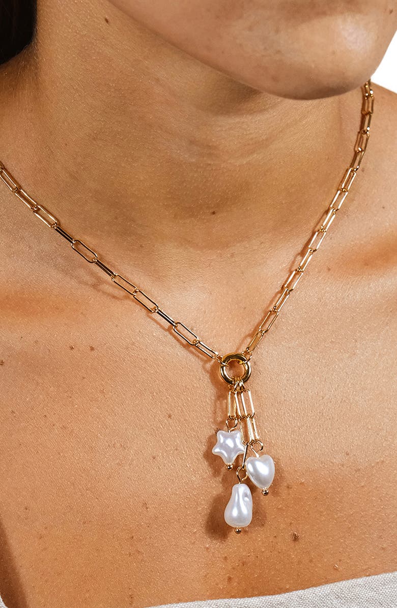 Sterling Forever Sabrina Mixed Pearl Charm Necklace, Alternate, color, Gold