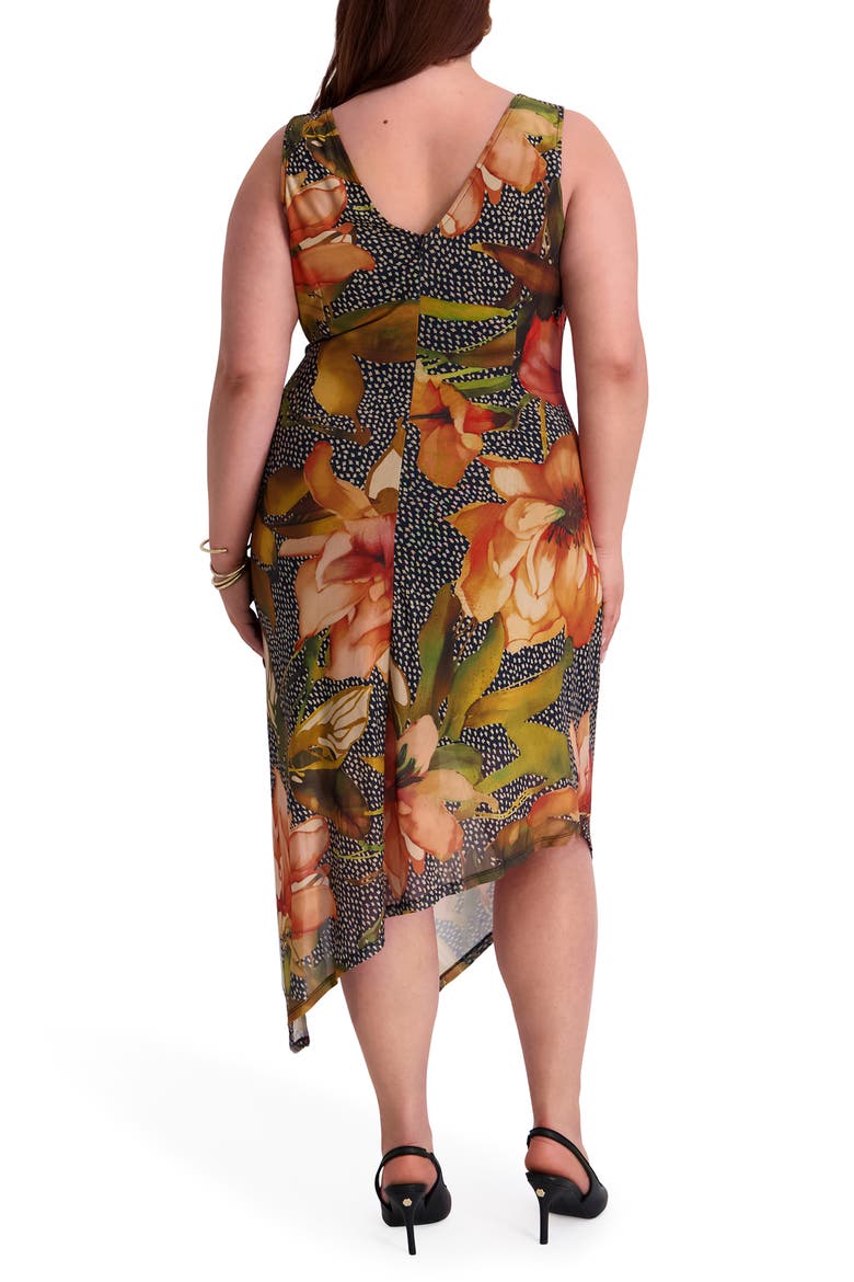 Printed Mesh Asymmetrical Faux Wrap Dress, Alternate, color, MULTI ORANGE