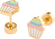 Pip Pop Girls' Rainbow Cupcake Flatback Stud Hypoallergenic Earrings